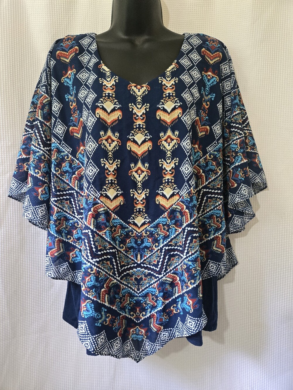 Ruby Rd. Navy Blue Printed Poncho Tunic with Multicolor Motif